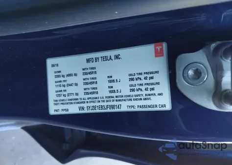 2018 Tesla Model 3 Long Range/Performance from USA, damaged, VIN 5YJ3E1EB3JF090147